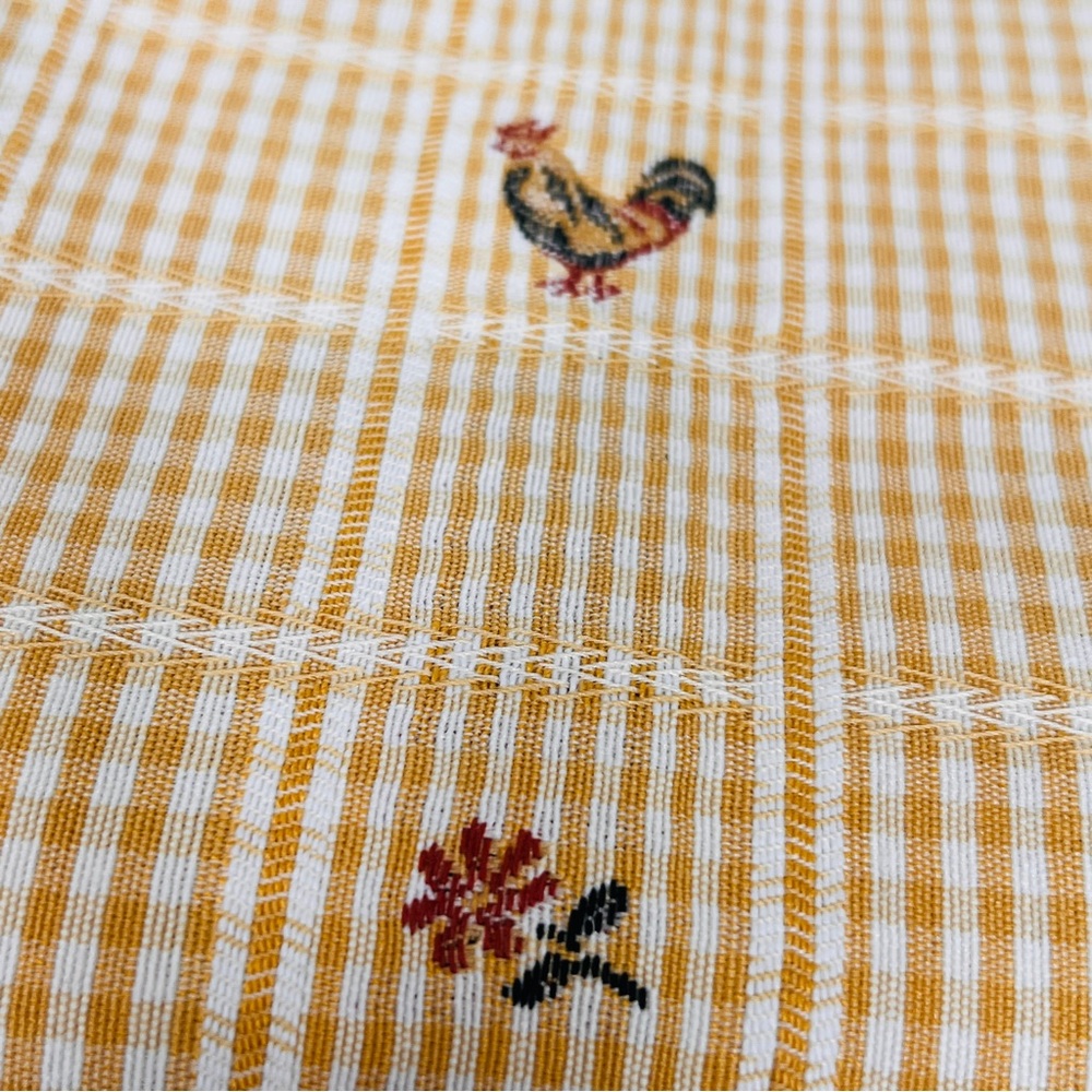 French Country Yellow Gingham Rooster Floral Print Fabric Remnant 108" W x 56" L - Picture 2 of 4